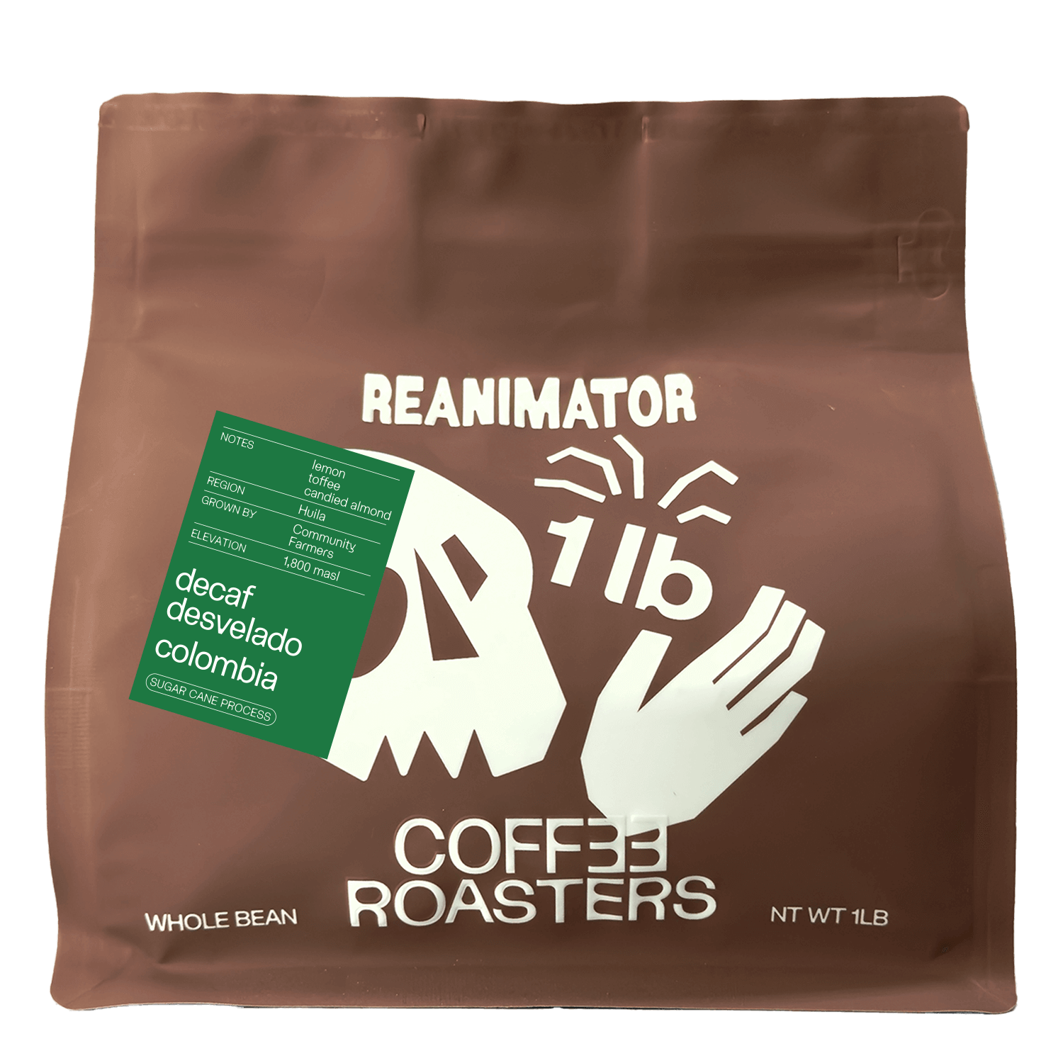 Specialty decaf coffee. Single origin decaf coffee. Colombia Desvelado. ReAnimator Coffee Roasters. Whole bean decaf coffee.