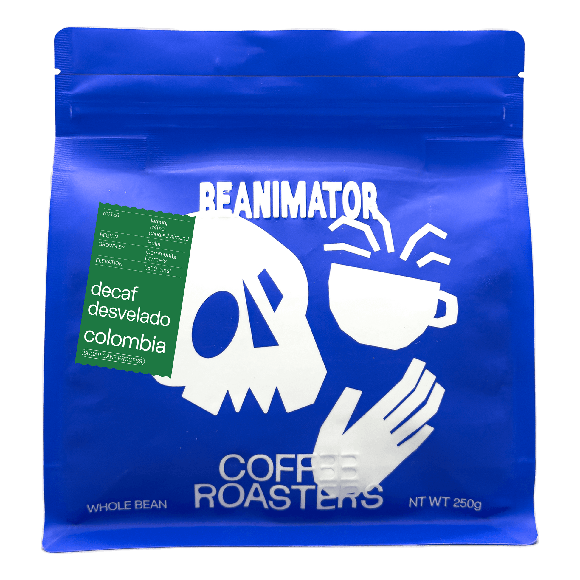 Specialty decaf coffee. Single origin decaf coffee. Colombia Desvelado. ReAnimator Coffee Roasters. Whole bean decaf coffee.